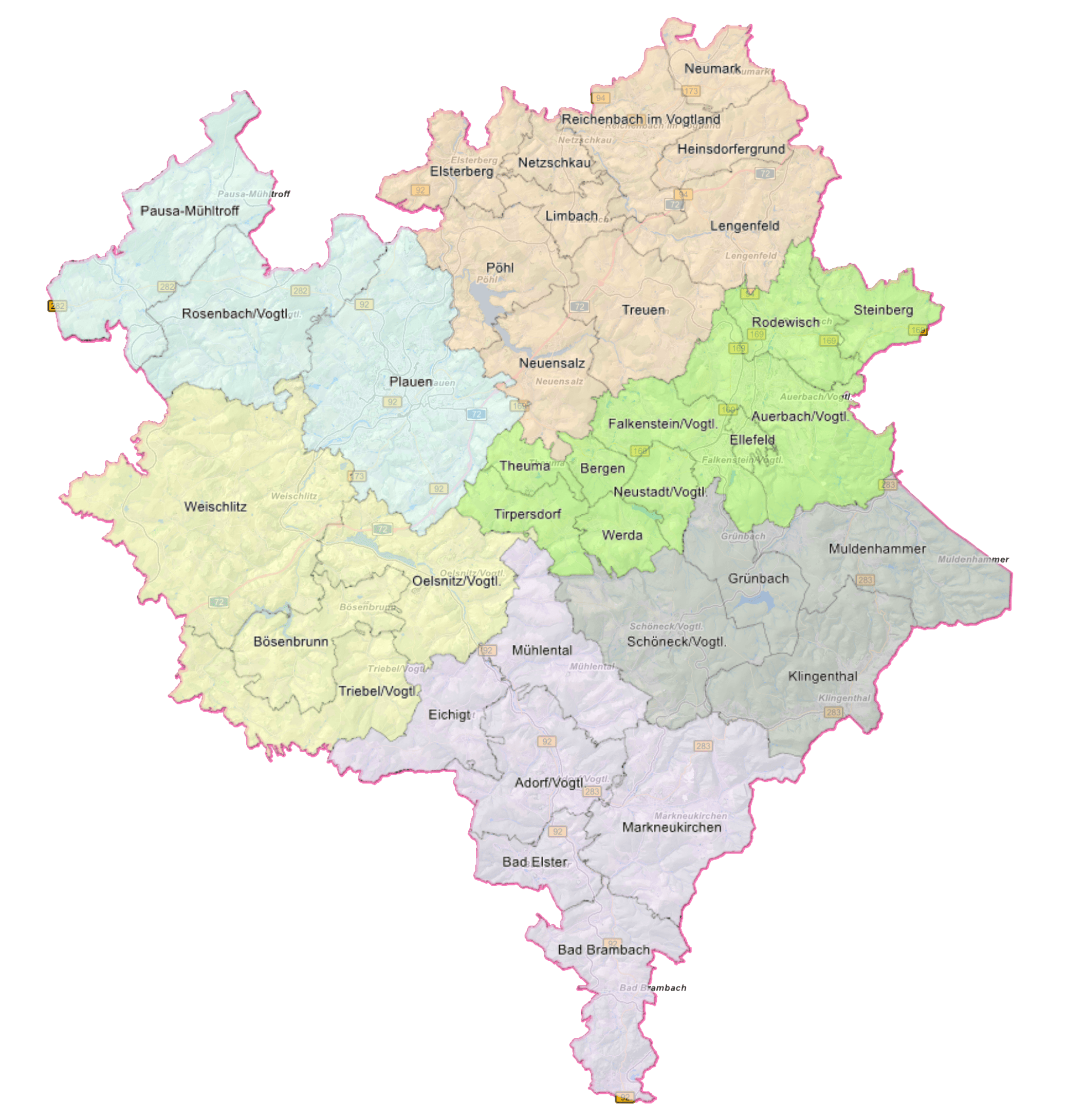 Karte der Forstbezirke im Vogtlandkreis